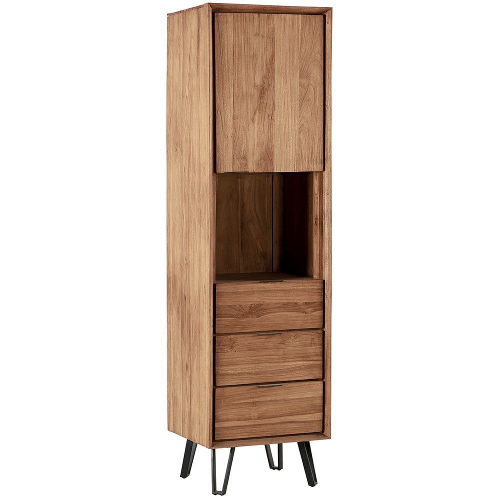 Armoire haute en bois avec tiroirs, étagère ouverte et placard supérieur fermé, sur pieds en métal noir.