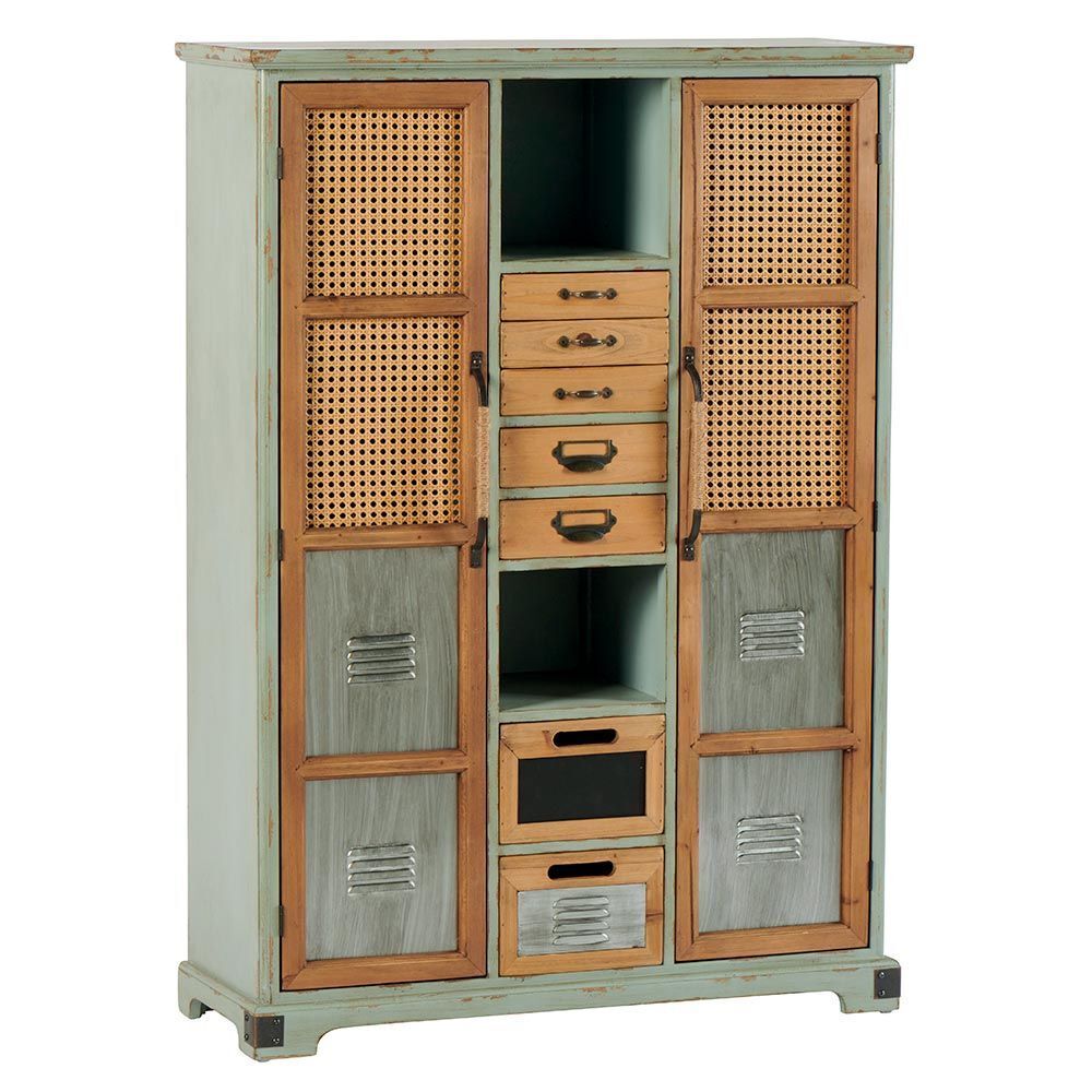 Un meuble en bois bleu clair avec des portes et des tiroirs en rotin.
