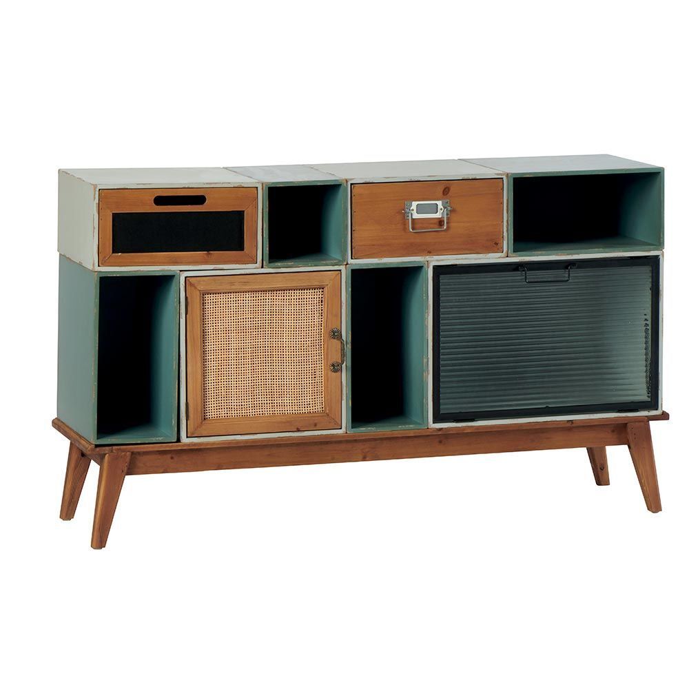 Armoire de rangement à plusieurs compartiments offrant différents types de rangement, en turquoise, bois et verre.