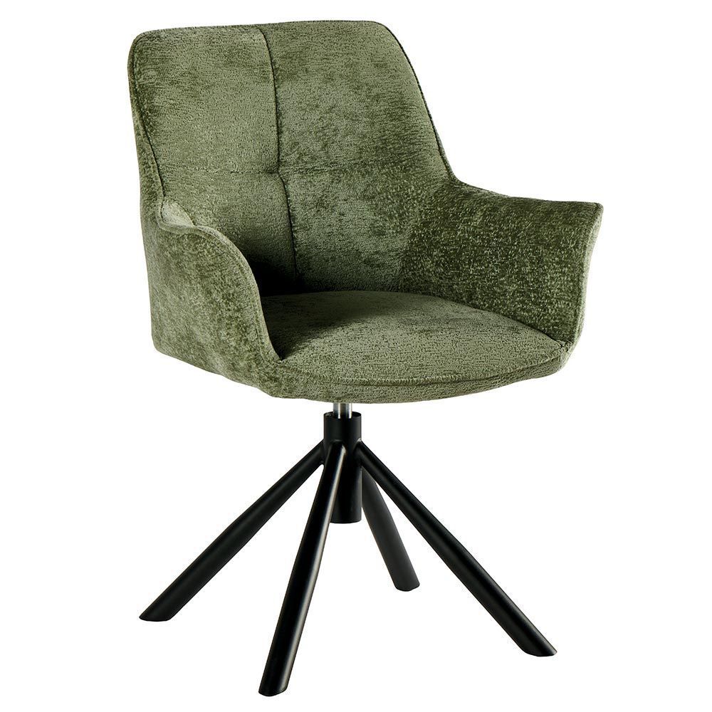 Fauteuil pivotant rembourré vert olive avec pieds en métal noir.