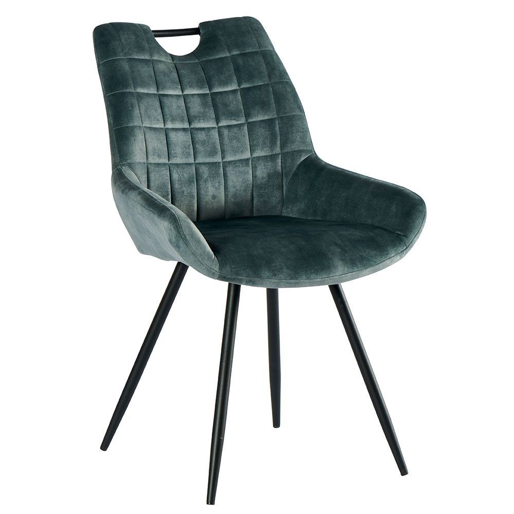 Chaise de salle à manger rembourrée bleu sarcelle avec pieds en métal noir.