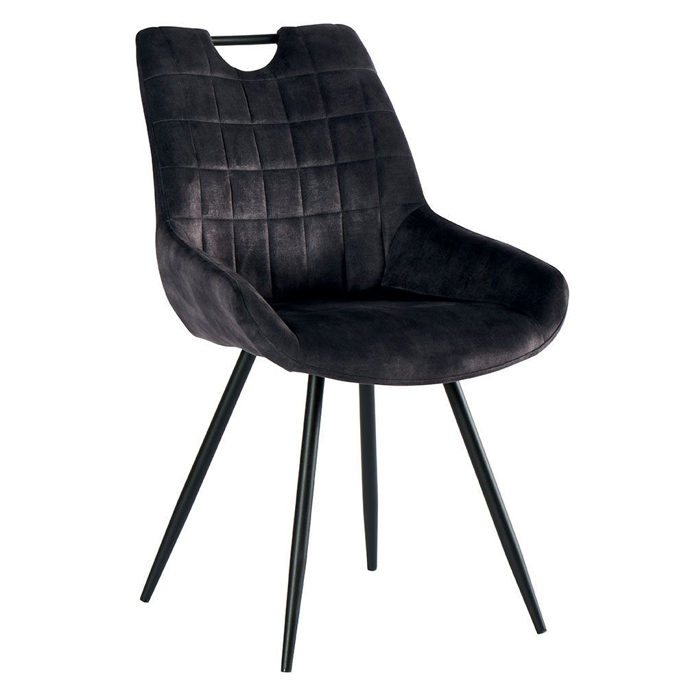 Chaise de salle à manger noire rembourrée avec dossier matelassé et pieds en métal noir.