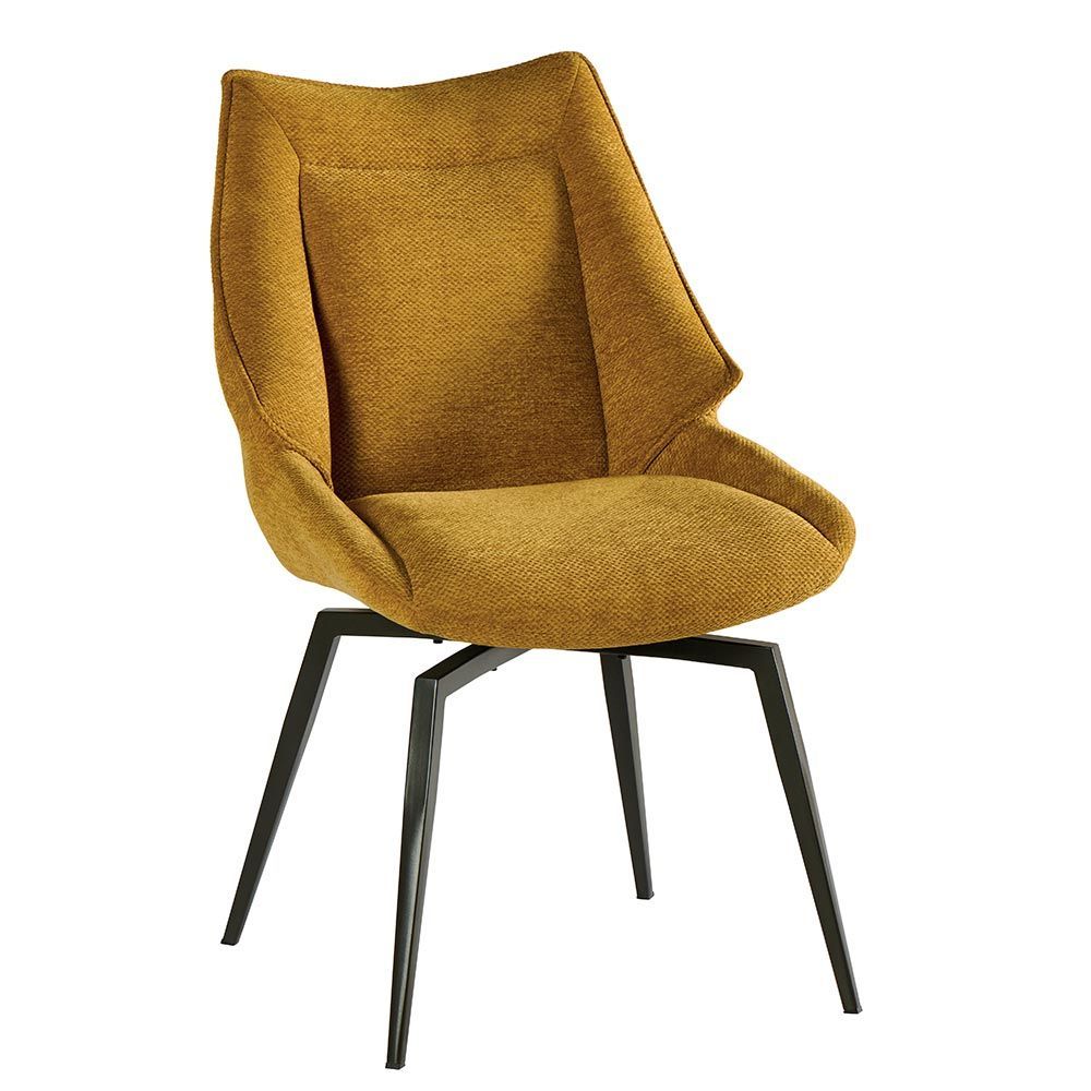 Chaise de salle à manger rembourrée jaune moutarde avec pieds en métal noir.