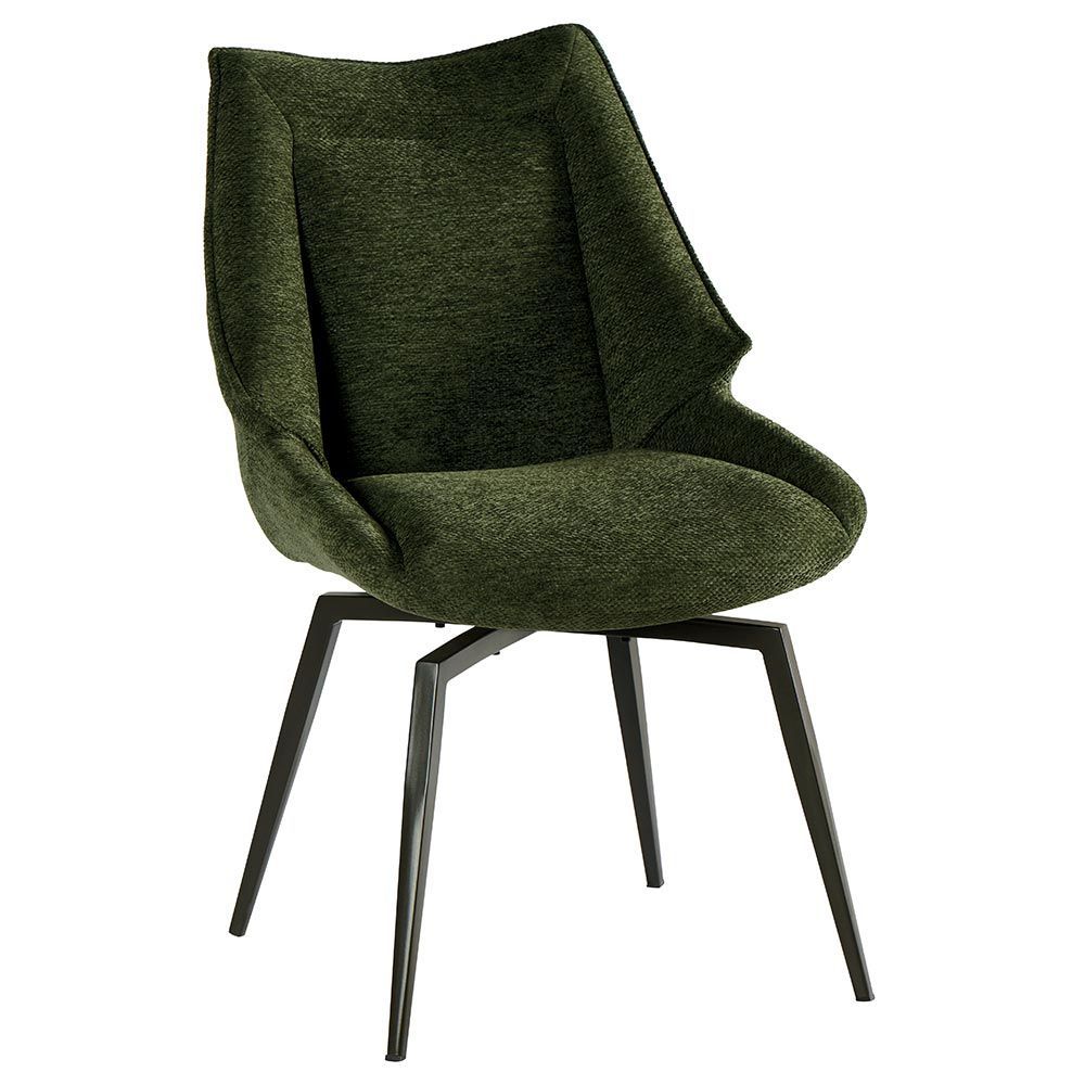 Fauteuil pivotant vert rembourré avec pieds en métal noir.