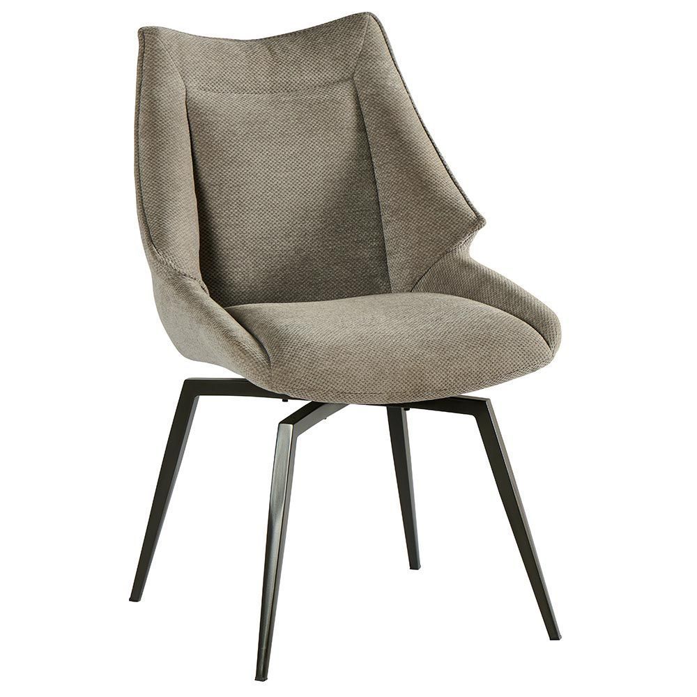 Fauteuil pivotant rembourré beige avec pieds noirs.