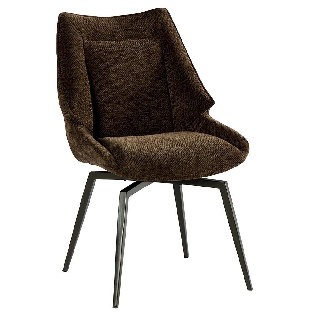 Chaise de salle à manger pivotante rembourrée marron avec pieds en métal noir.