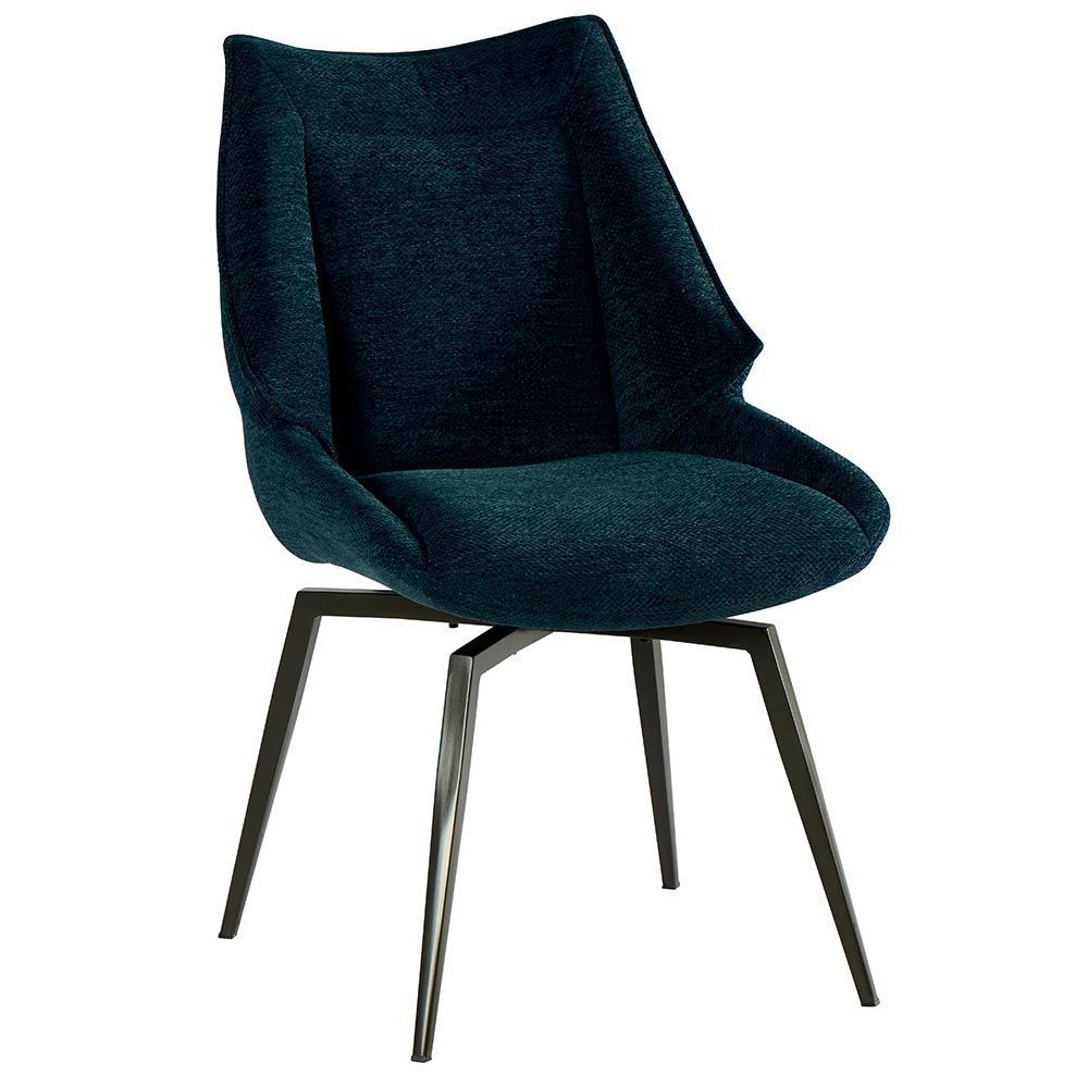 Chaise de salle à manger rembourrée bleu sarcelle avec pieds en métal noir.