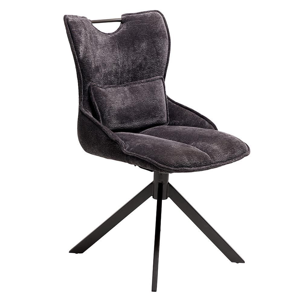 Chaise de salle à manger rembourrée gris foncé avec pieds en métal noir.