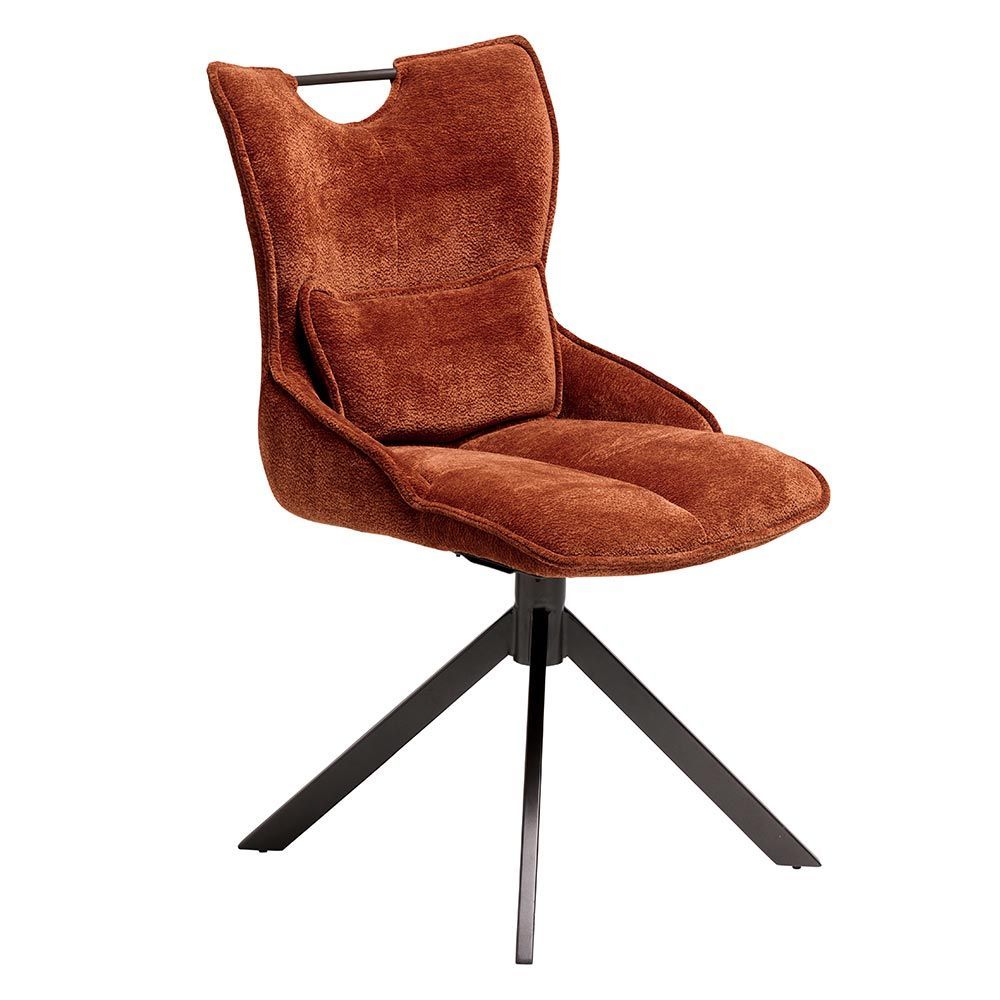 Fauteuil pivotant rembourré orange avec un piètement en métal noir.