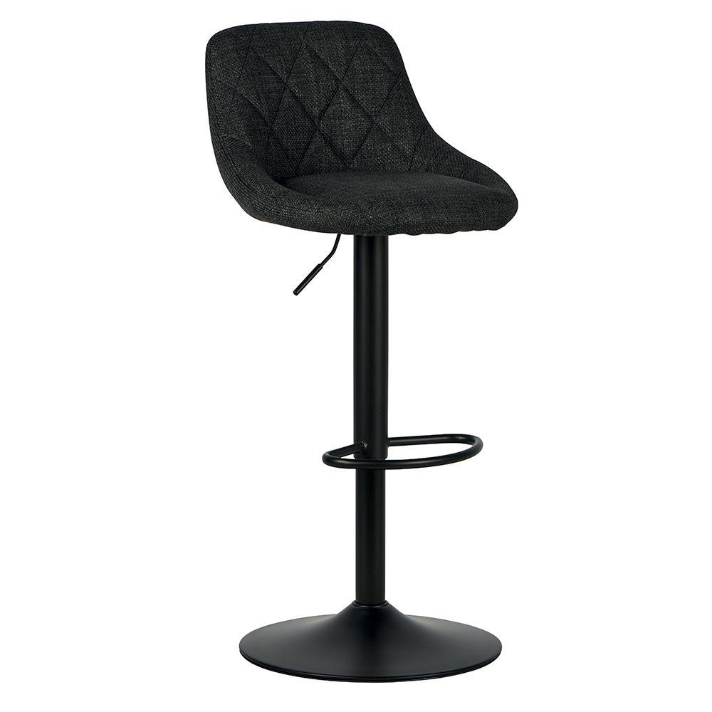Tabouret de bar réglable, recouvert de tissu vert, avec base et repose-pieds noirs.