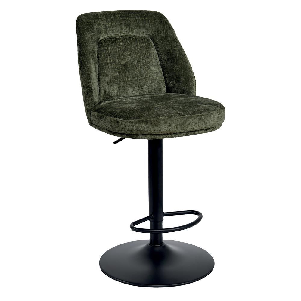 Tabouret de bar vert rembourré avec base et pied noirs.