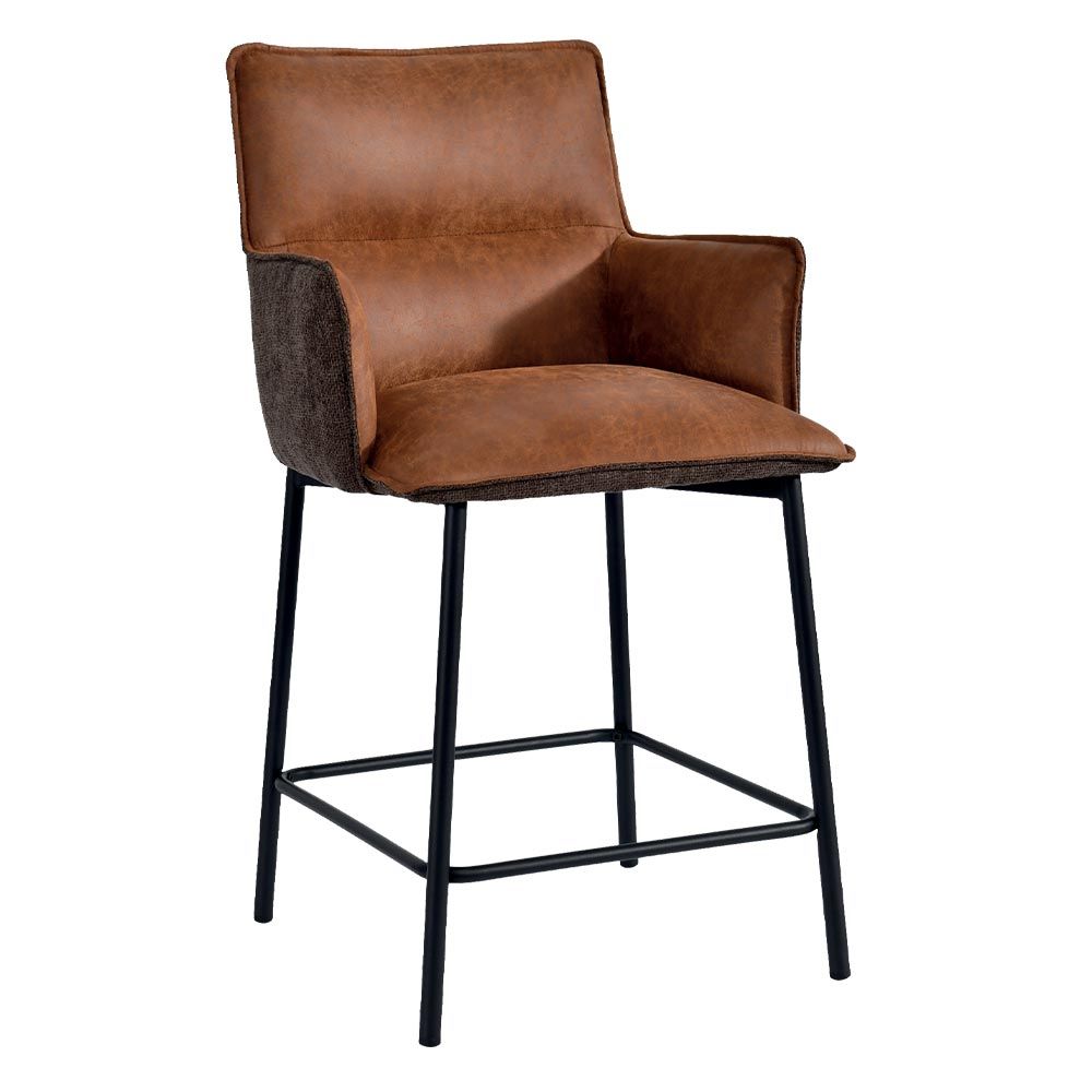 Tabouret de bar marron et noir avec accoudoirs.
