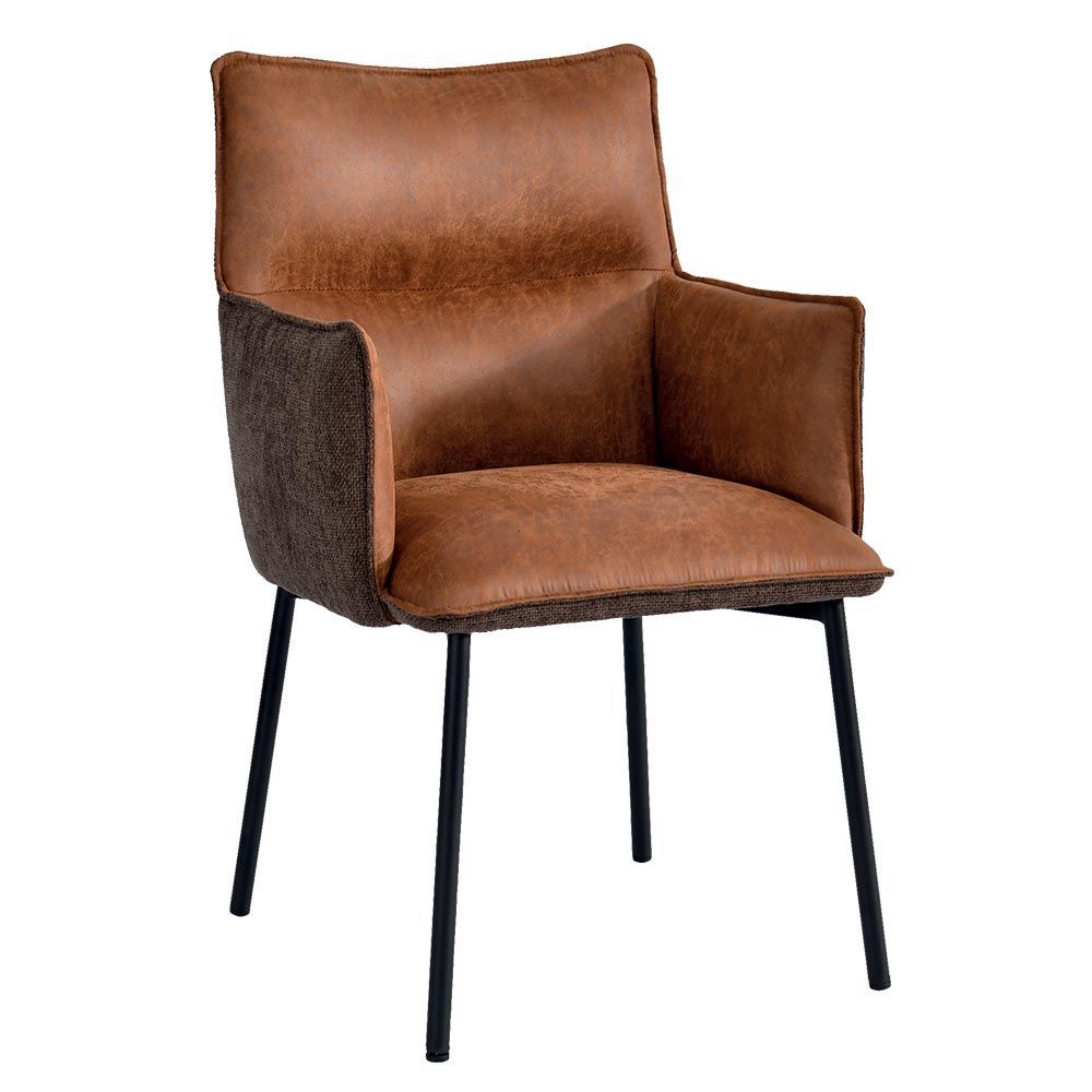 Fauteuil en cuir marron avec pieds en métal noir.