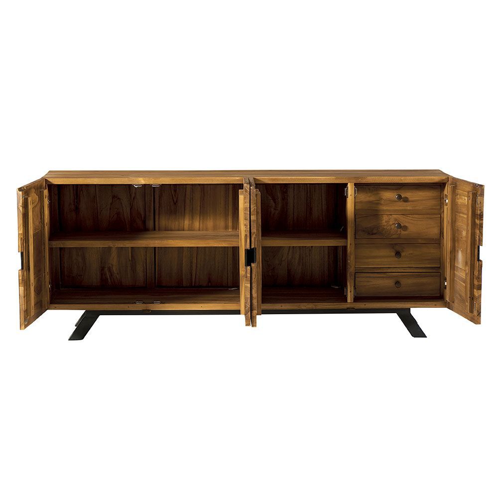 Armoire en bois avec une bande décorative noire et des pieds noirs.