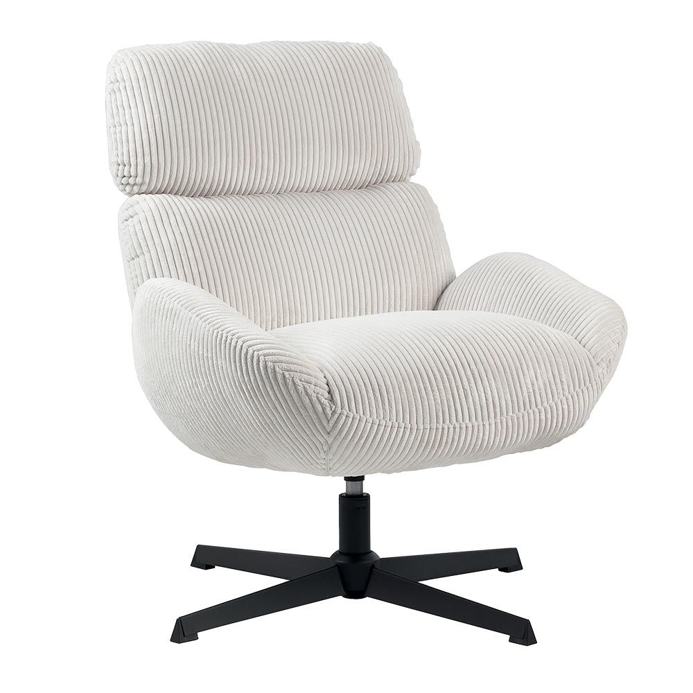 Fauteuil pivotant en velours côtelé blanc avec piètement noir.