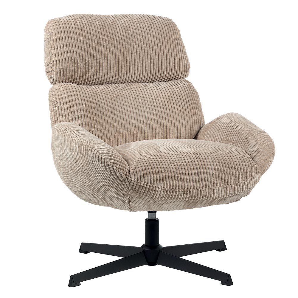 Fauteuil pivotant en velours côtelé blanc avec piètement noir.