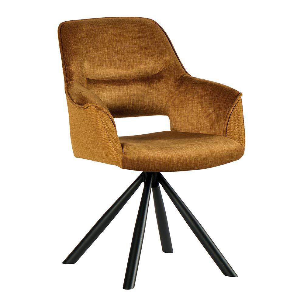 Fauteuil pivotant rembourré marron avec un piètement trépied noir.