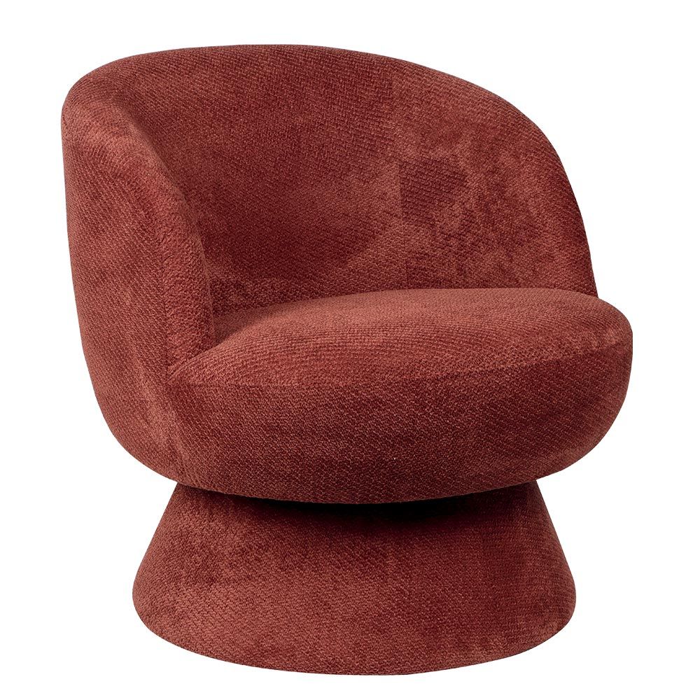 Fauteuil pivotant brun rougeâtre avec dossier et assise arrondis, sur un socle conique.