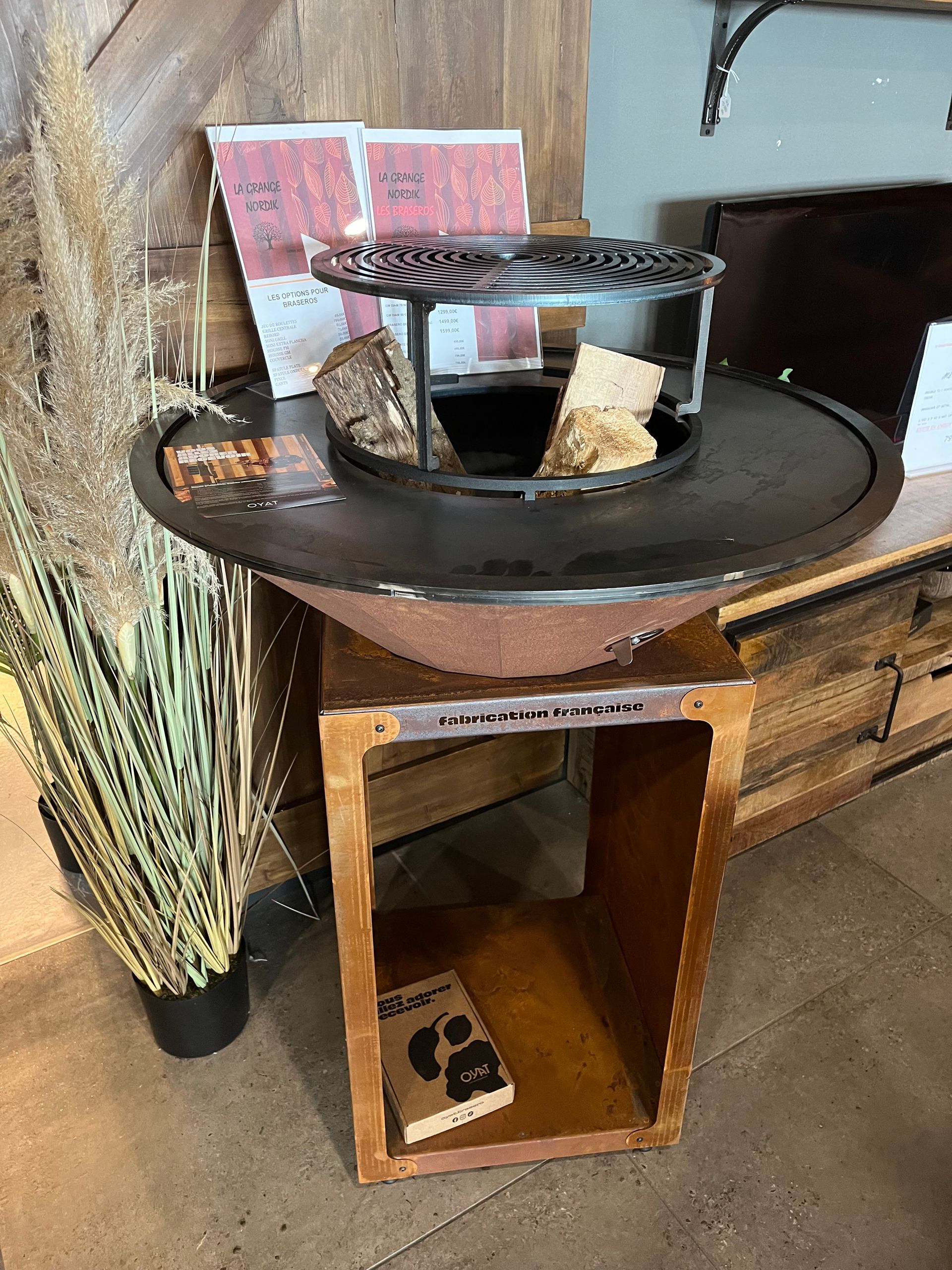 Foyer extérieur sur support en bois, avec bois de chauffage et grille. Exposé à l'intérieur près d'une plante.