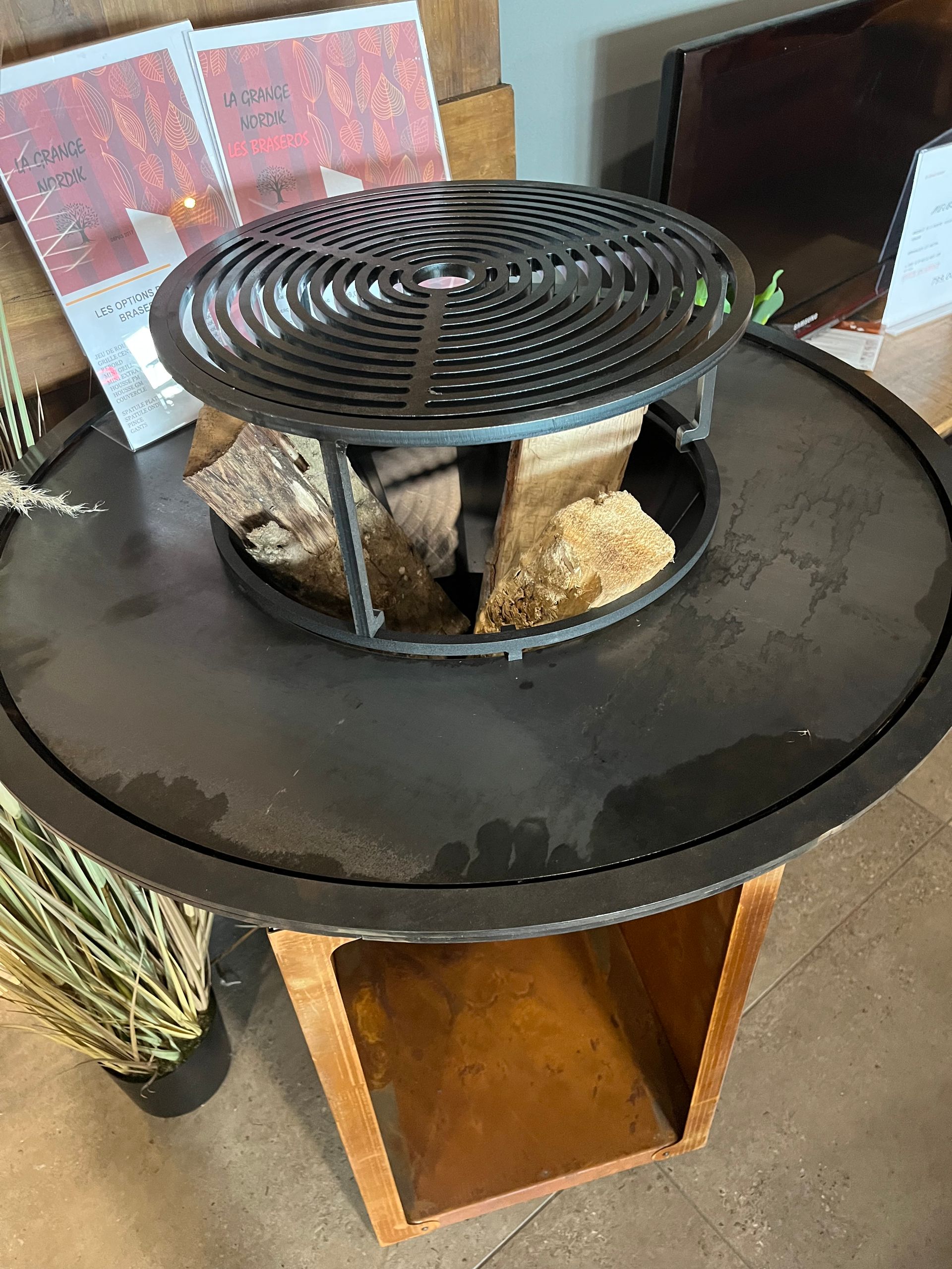 Foyer extérieur sur support en bois, avec bois de chauffage et grille. Exposé à l'intérieur près d'une plante.