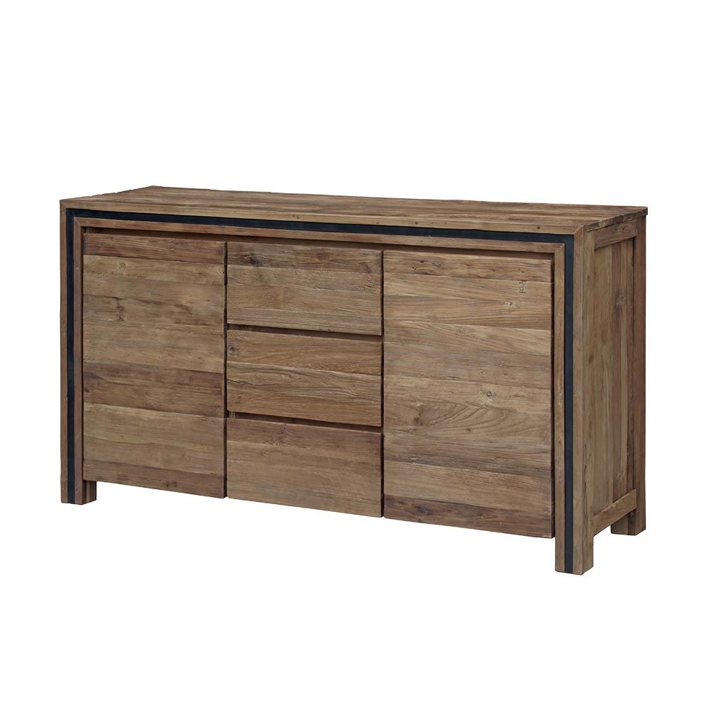 Commode en bois à six tiroirs avec une finition rustique et des garnitures foncées sur fond blanc