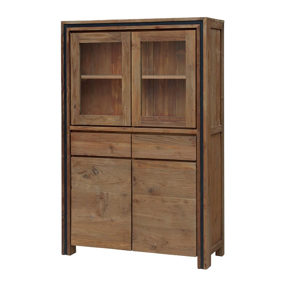 Vitrine en bois avec vaisselle dans un salon lumineux, à côté d'un meuble TV