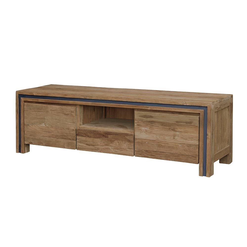 Meuble TV moderne en bois avec télévision à écran plat dans un salon lumineux, à côté d'une grande fenêtre donnant sur la verdure.
