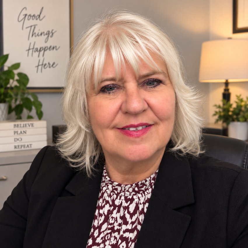 Smiling woman in a black blazer in a home office, with a lamp and plant behind her.