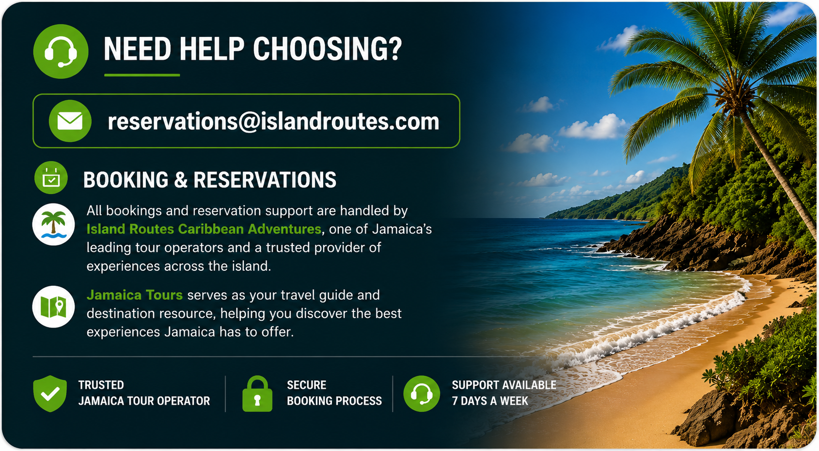 Island resorts help screen with contact info over a tropical beach and palm trees.