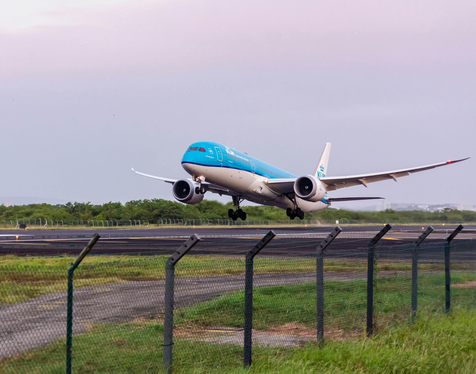 Blue-and-white airplane landing behind a chain-link fence at an airport runway