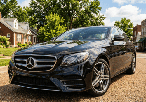 Black Mercedes-Benz E-Class sedan parked in a residential neighborhood