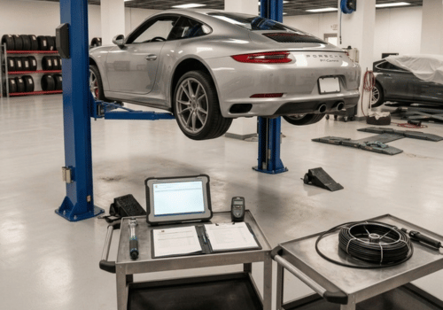 Porsche pre-purchase inspection on the lift at Autos of Europe, Manchester MO