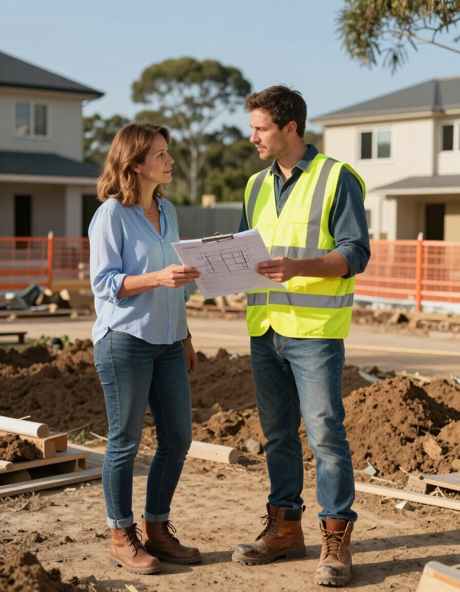 Builder reviewing plans with a homeowner on a Tamworth residential site
