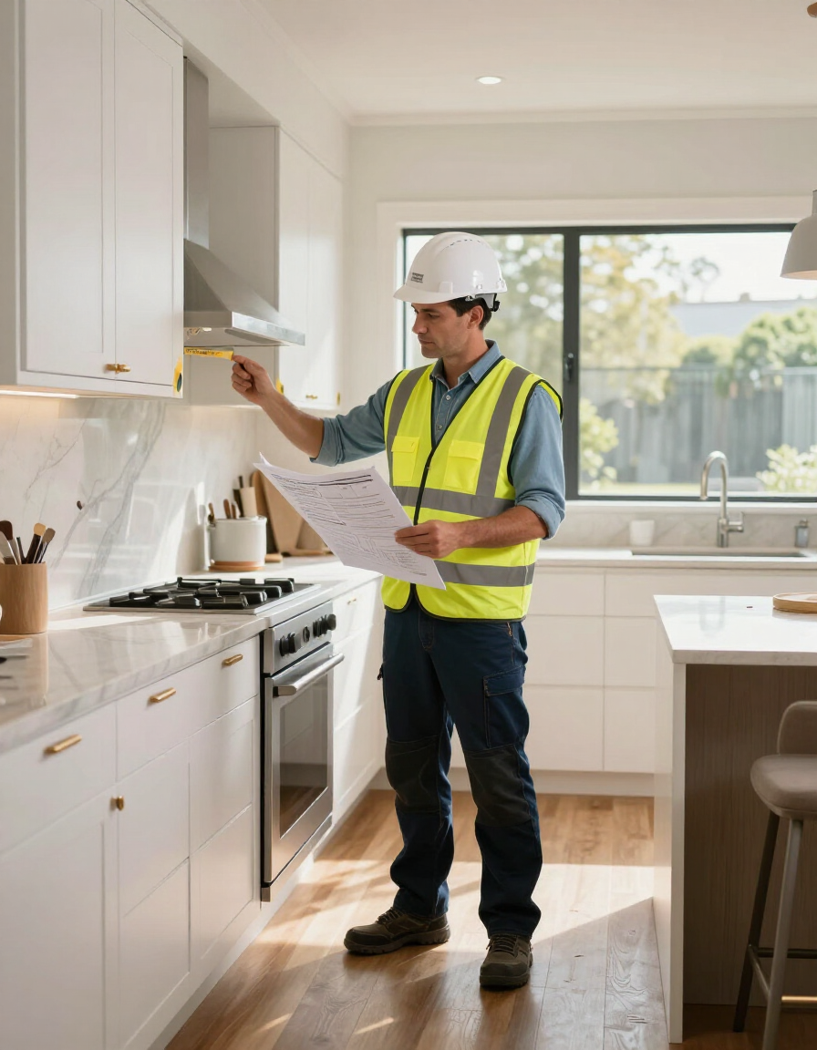 Licensed builder inspecting completed kitchen renovation