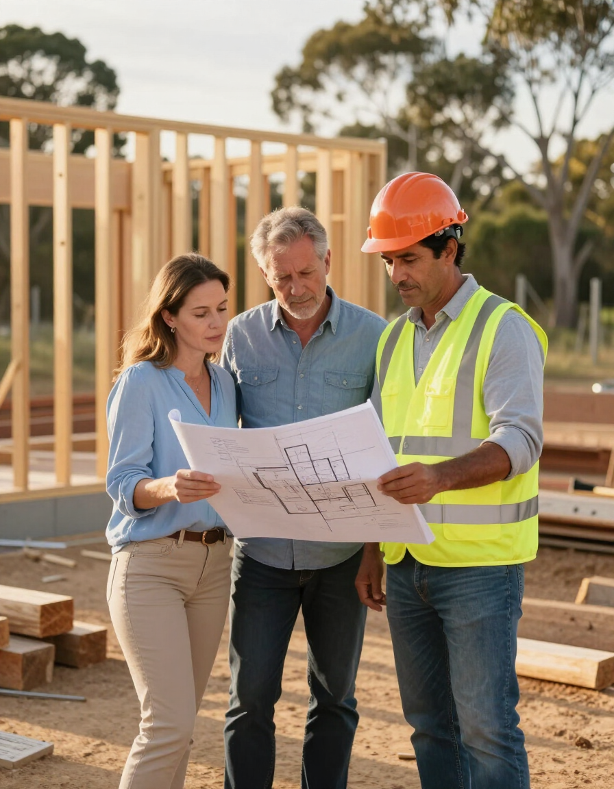Homeowner couple reviewing new home build plans with builder at a Tamworth construction site.