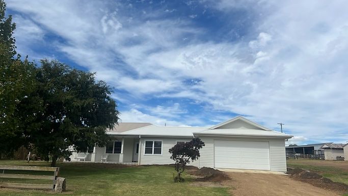 Single-story white house with a garage under a cloudy sky, with a tree and grassy yard in front.