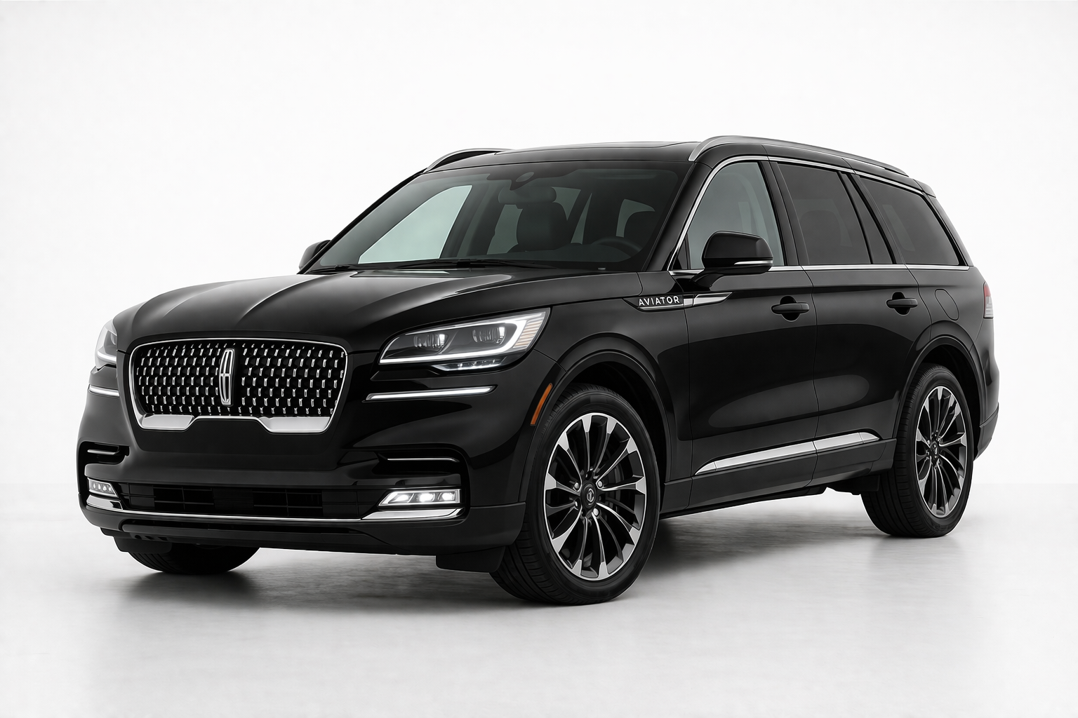 A black Lincoln Aviator SUV viewed from a three-quarter angle against a plain white background.