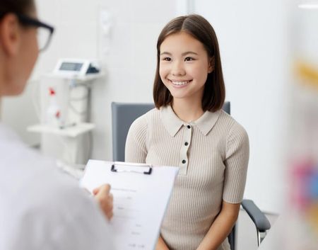 Smiling woman seated in a medical exam room, speaking with a clinician holding a clipboard.