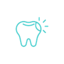 Turquoise outlined tooth with sparkle marks, suggesting dental health or toothache relief