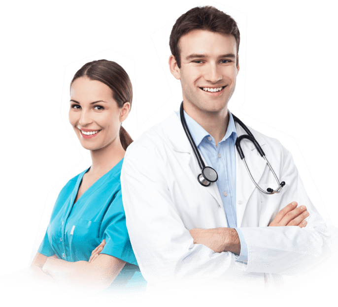 A smiling healthcare professional in a white coat with a stethoscope and a colleague in teal scrubs, posing against white.