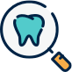 A light blue tooth icon centered inside a dark-outlined magnifying glass with a yellow handle.