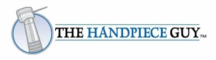 Logo for The Handpiece Guy, featuring a dental handpiece icon inside a blue circle next to the company name.