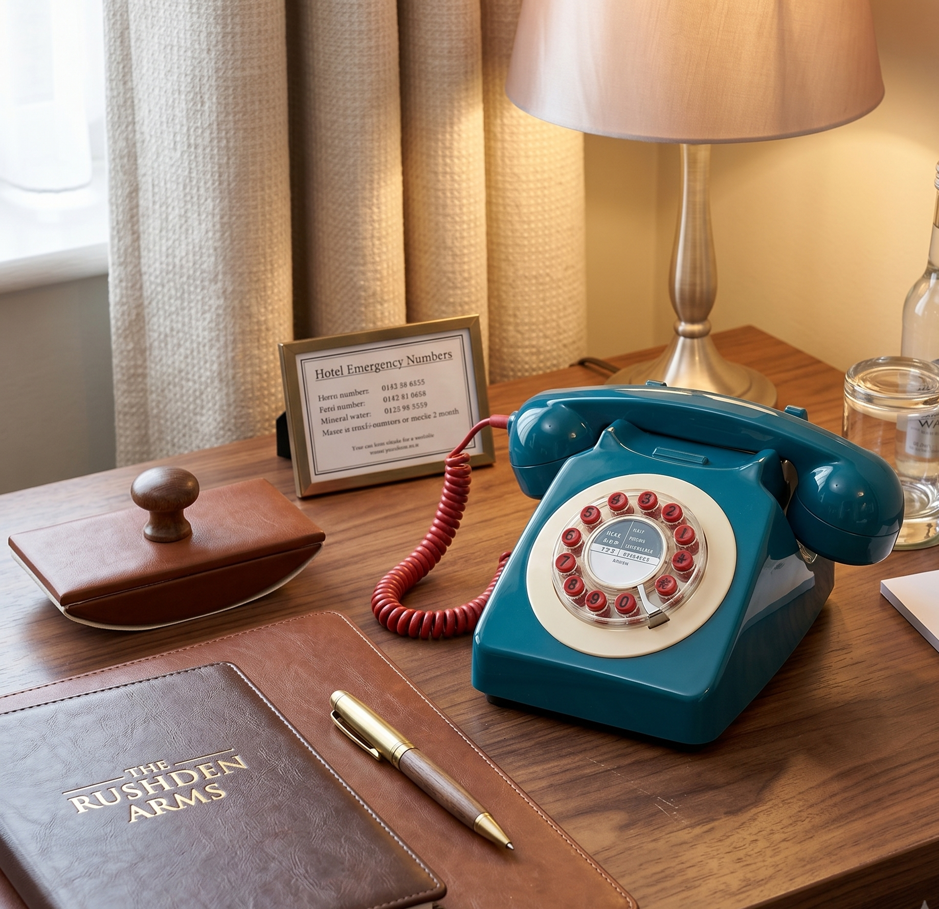 Desk with a two tone phone, lamp, notepad, pen, and nameplate on a wooden surface
