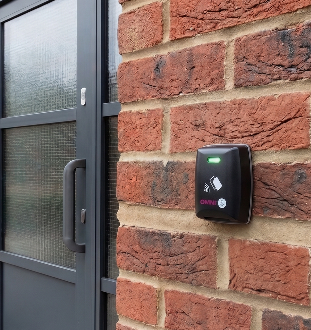 Building entrance with a black access control reader mounted on a red brick wall beside a frosted glass door.