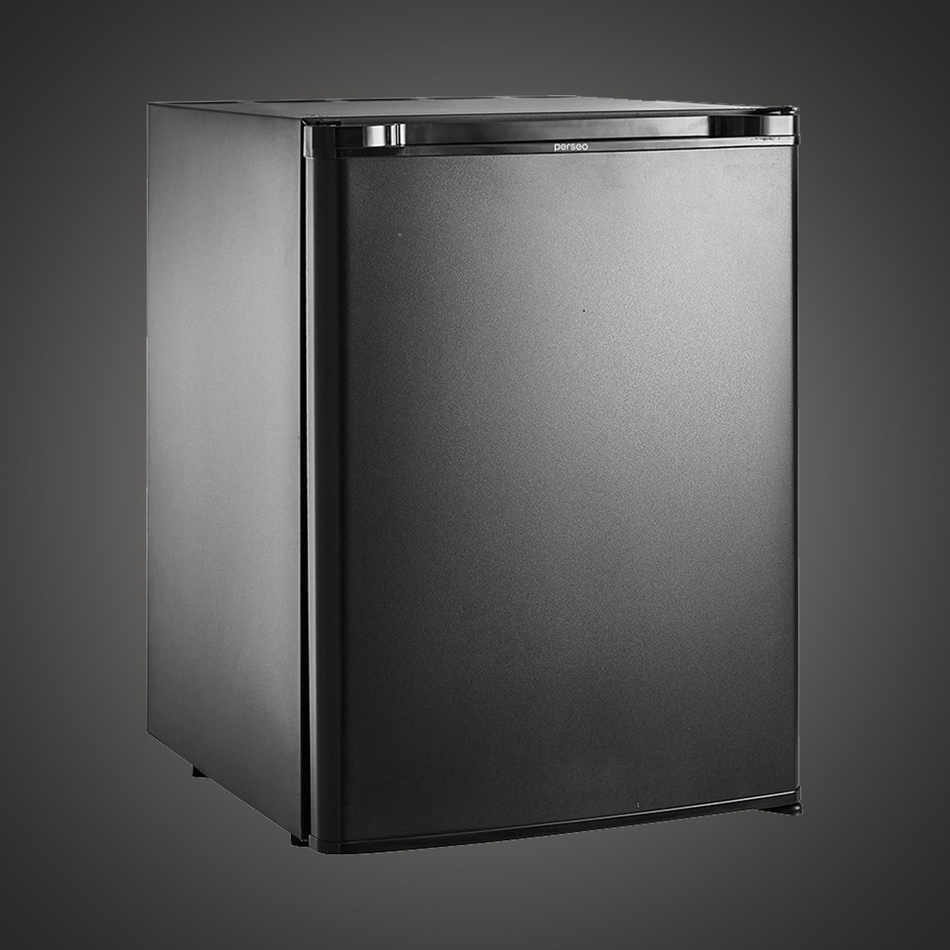 Compact black mini refrigerator on a dark background
