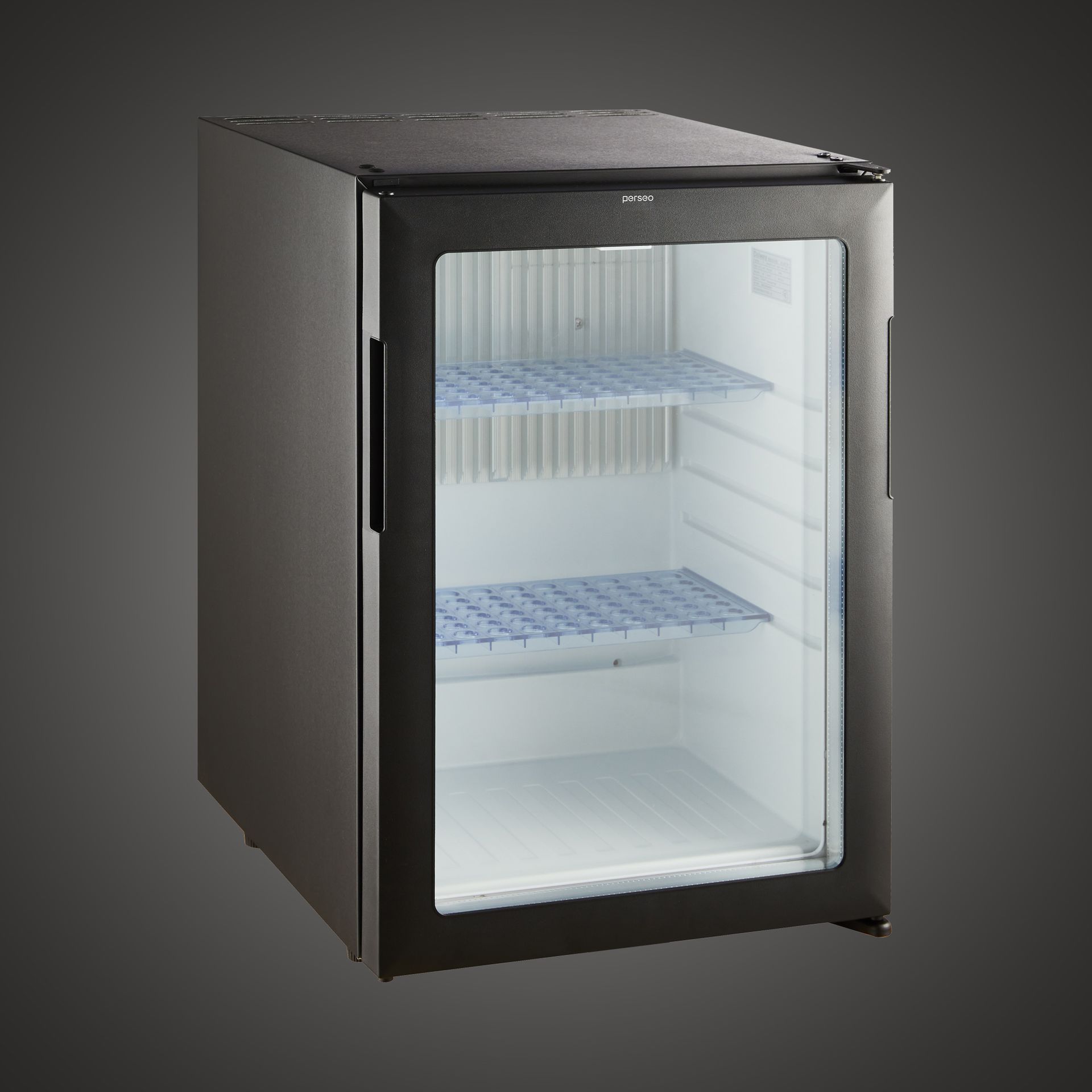 Small black beverage fridge with a glass door and empty shelves, shown against a gray background