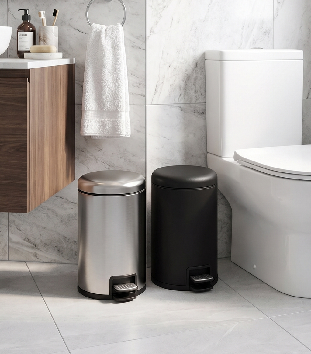 Two stainless steel step trash cans beside a toilet in a modern bathroom