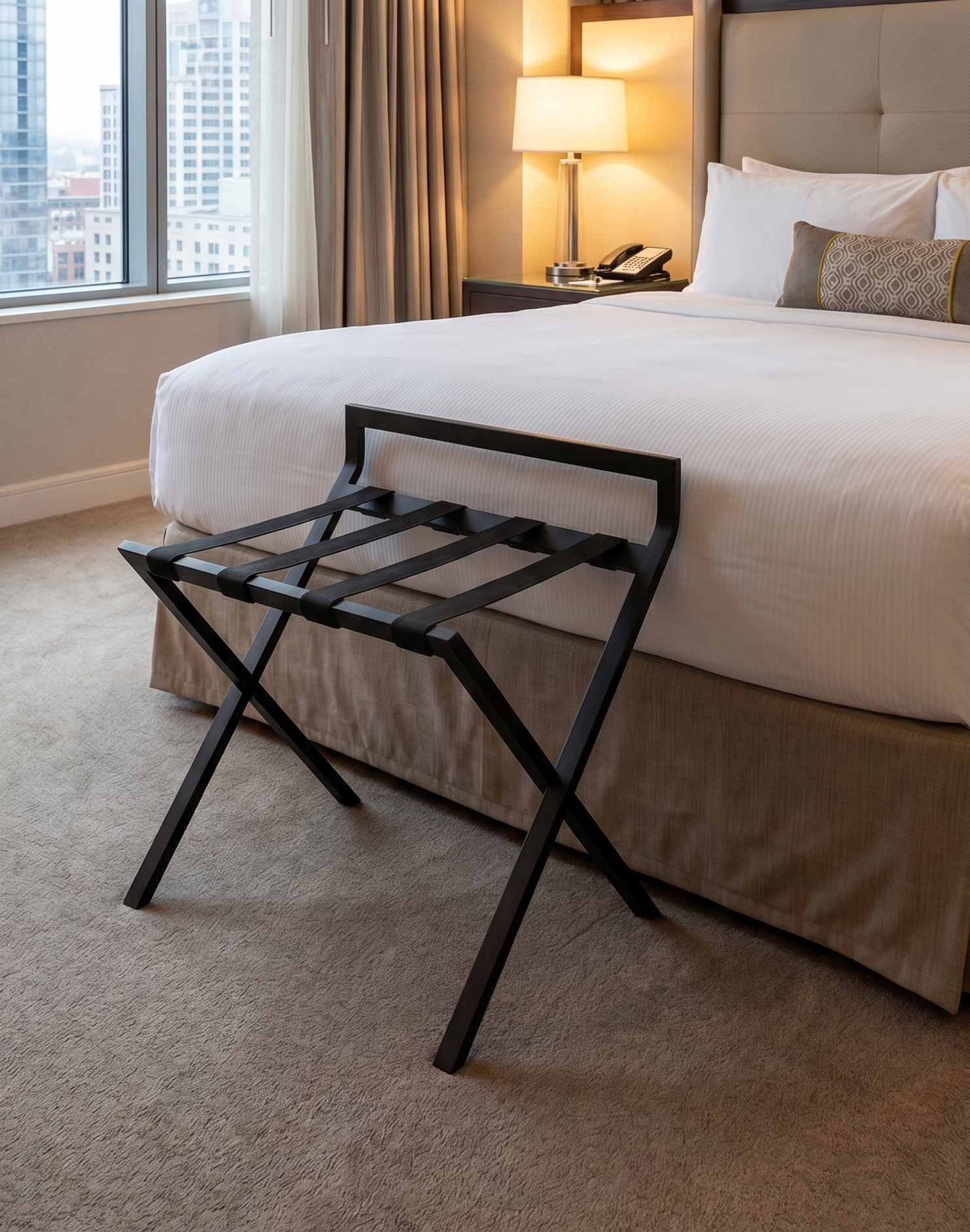 Black luggage rack beside a neatly made bed in a modern hotel room.