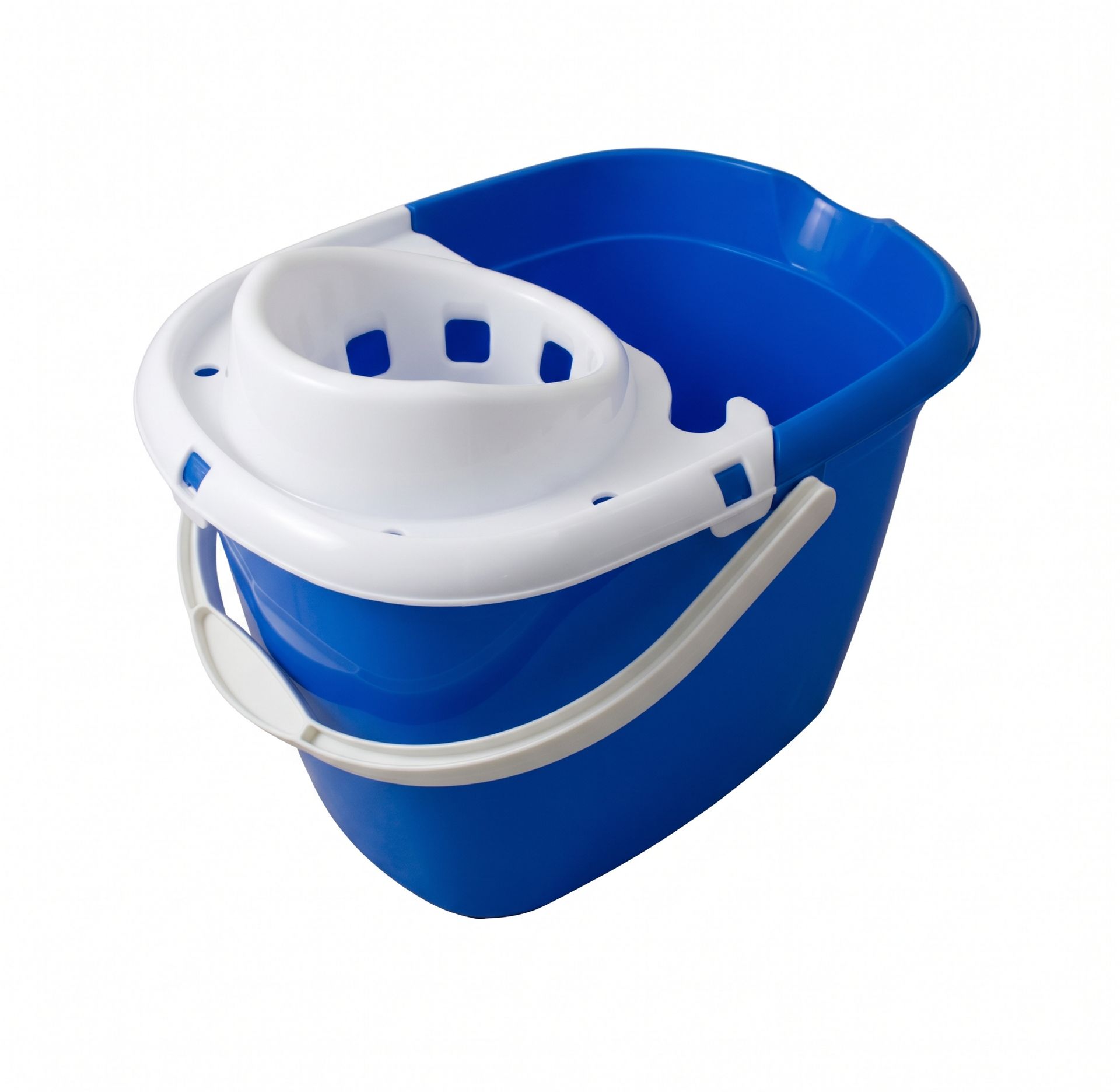 Blue mop bucket with white wringer and silver handle