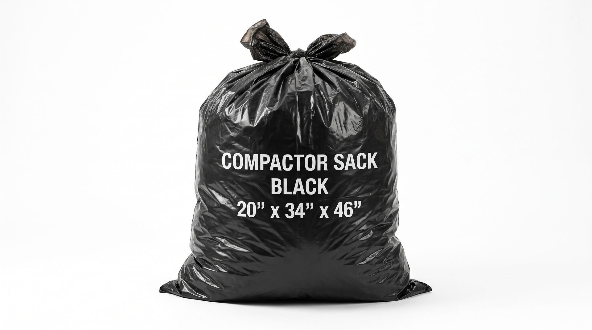Black contractor trash bag labeled “COMPACTOR SACK” on a white background